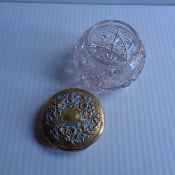 Vintage Other - Exquisite Vintage Cut Glass Enamel Brass Powder jar